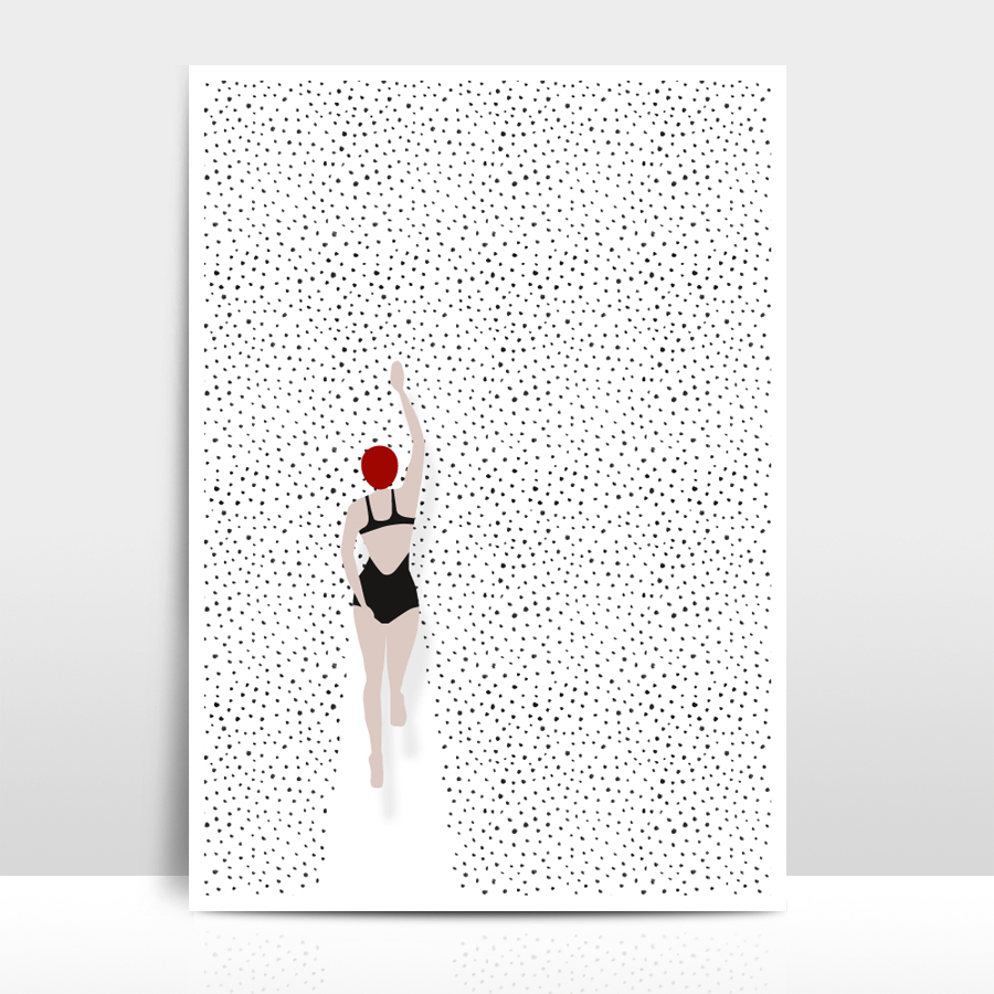 Artprint / Print / mit einer Illustration aus einer schwimmenden Frau von oben in einem Meer aus Punkten. Schwimmerin mit Badekappe. Diesen Kunstdruck kannst du als Plakat / Poster oder als Wandbild in einem Rahmen an die Wand hängen . Das Typoplakat ist in DIN A4 auf hochwertigem Fine-Grain-Künstlerpapier erhältlich.